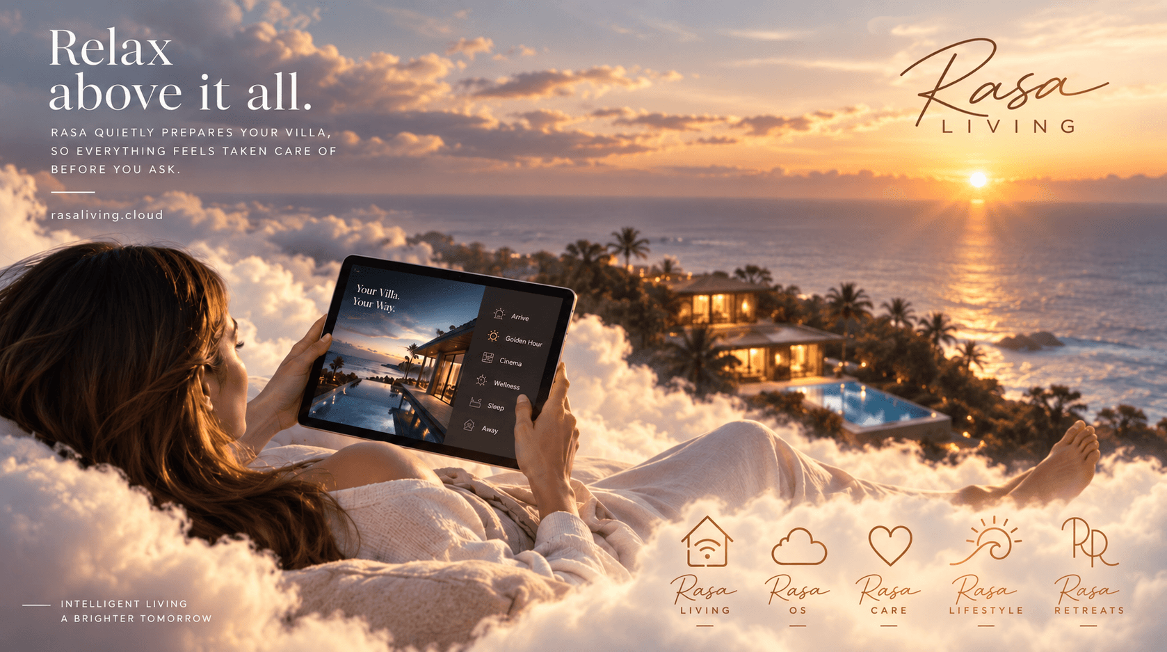 A Rasa villa above the clouds at sunset, the ocean lit by the setting sun